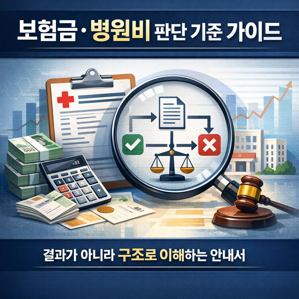 보험금과 병원비를 판단 기준과 구조로 설명한 보험 가이드 메인 이미지